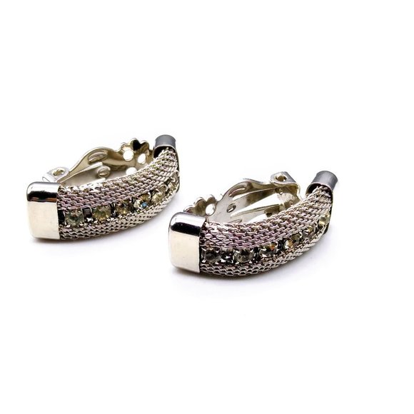 Vintage Mesh Half Hoop Earrings, Unique Crystal Channel Clip Ons in Silver Tone - Picture 2 of 3